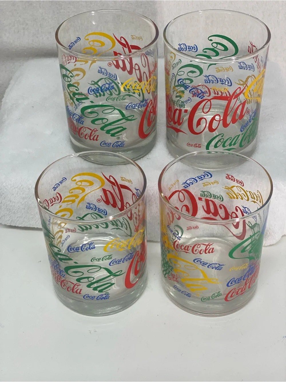 Coca Cola Set of 4 Multicolor Logo Glass 12 ounce Retro Repeated Logo Colorful